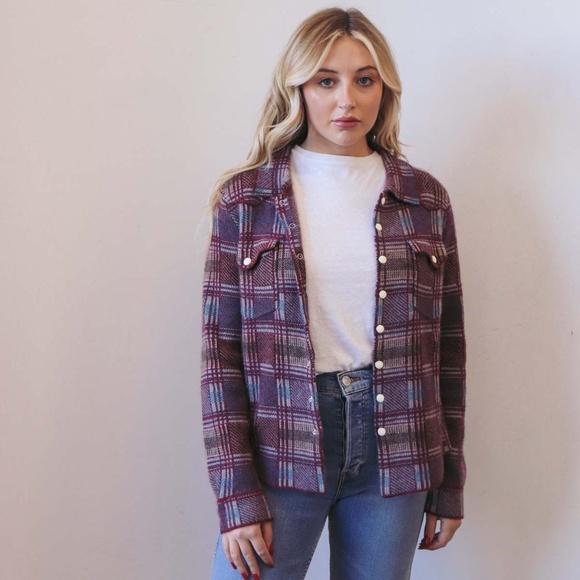 Cashmere snap button up western style checkered plaid sweater. Sz 4 - Picture 3 of 16